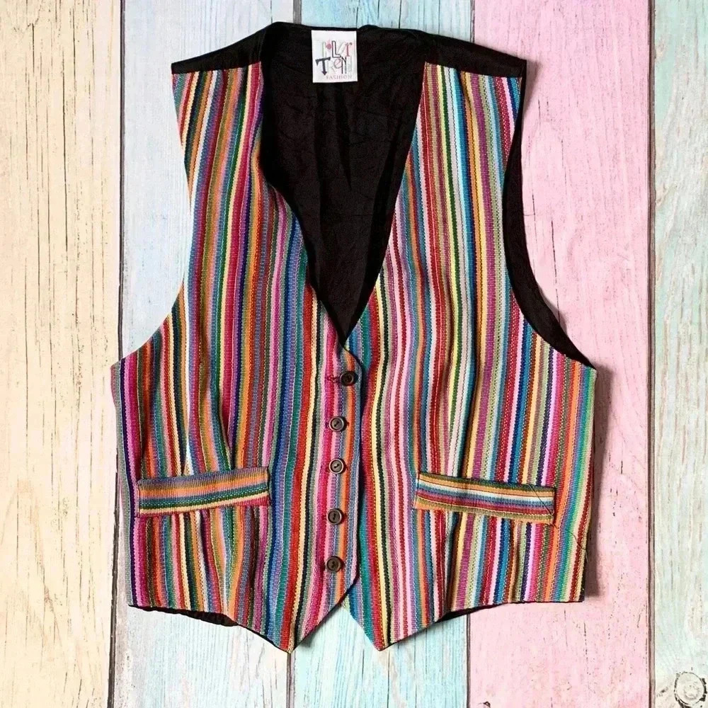 Cute vintage colorful stripes sleeveless button down vest size medium - Picture 2 of 9